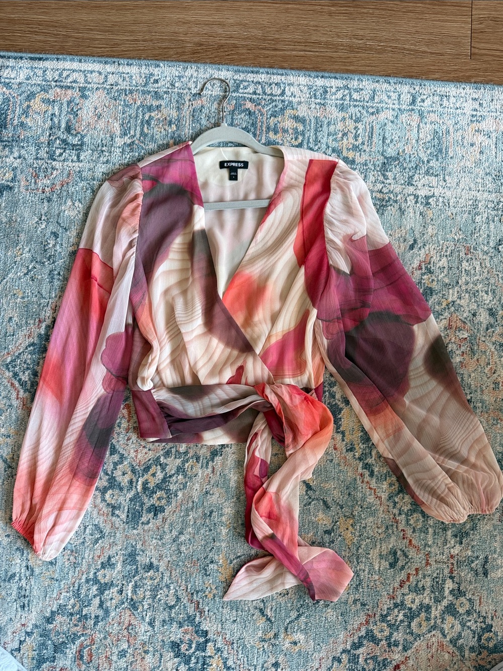 Express Multicolor Pink & Mauve Floral Wrap Blouse